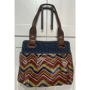 Fossil Key-Per Multi Colored Zig‎ Zag Chevron Coated Canvas Shopper Tote Purse